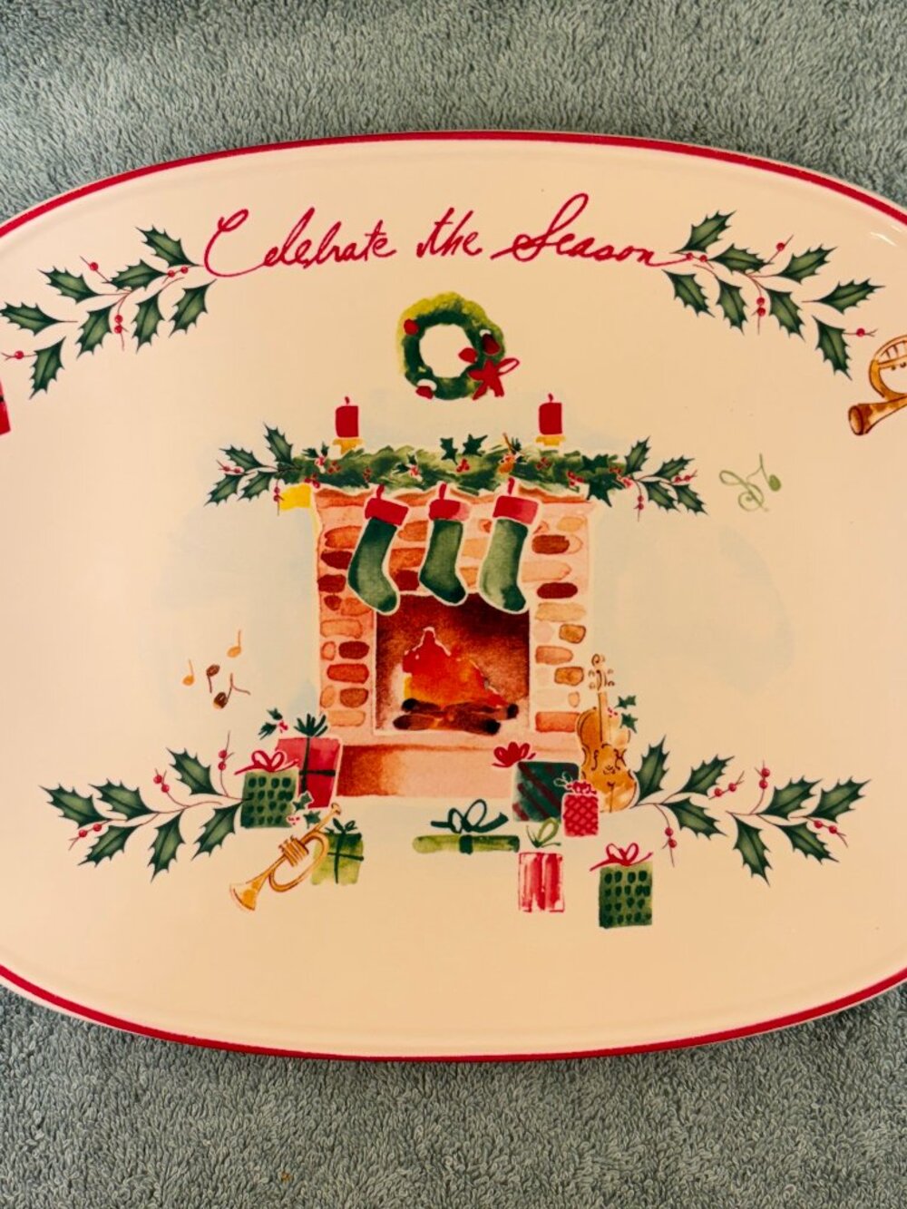 Lenox Celebrate the Season Tray NIB 10.5 In Fireplace Holly Oval Platter 830175